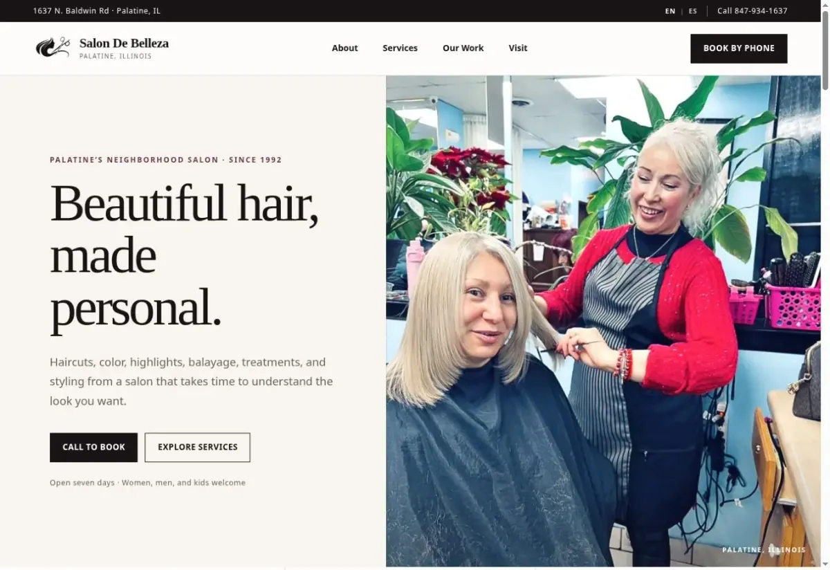 Redesigned Salon de Belleza homepage with bilingual navigation, salon imagery and service information