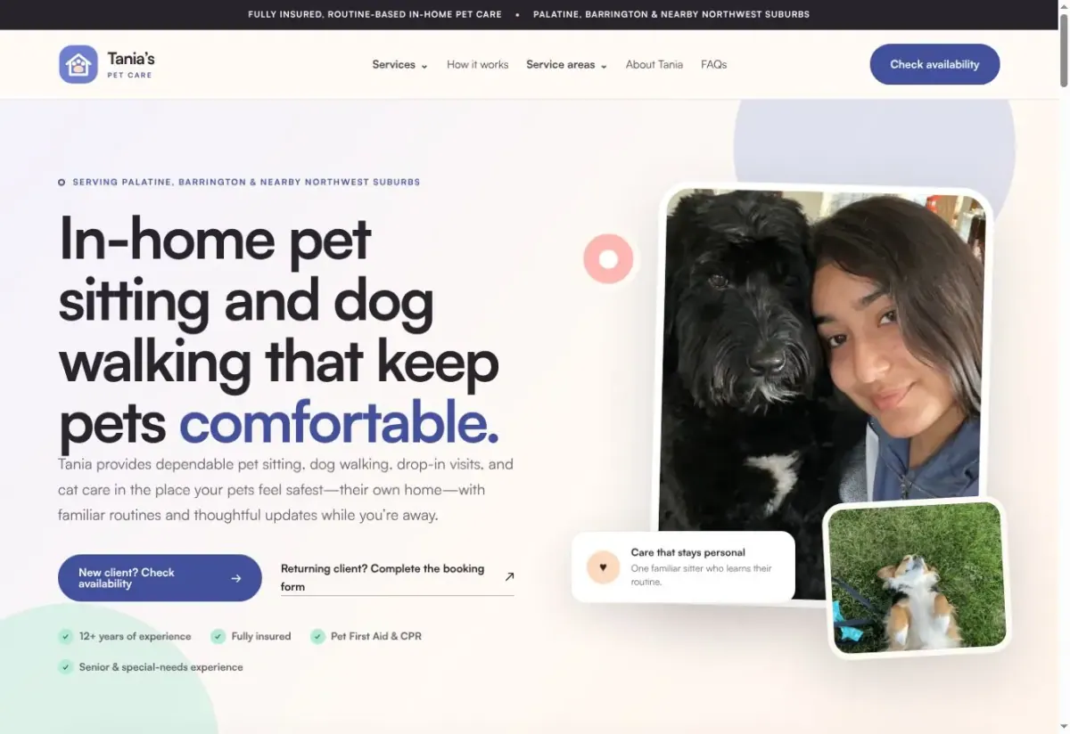 Tania’s Pet Care homepage with service information, pet photography and a clear contact path