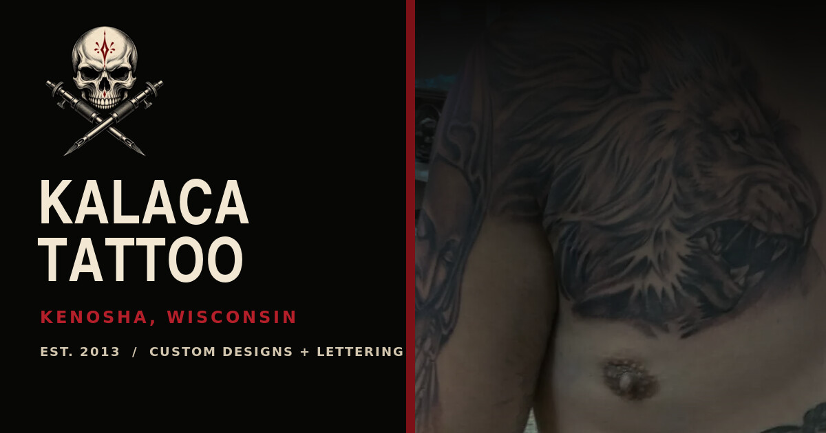 Kalaca Tattoo social sharing artwork with the skull-and-needle mark and a black-and-gray lion tattoo