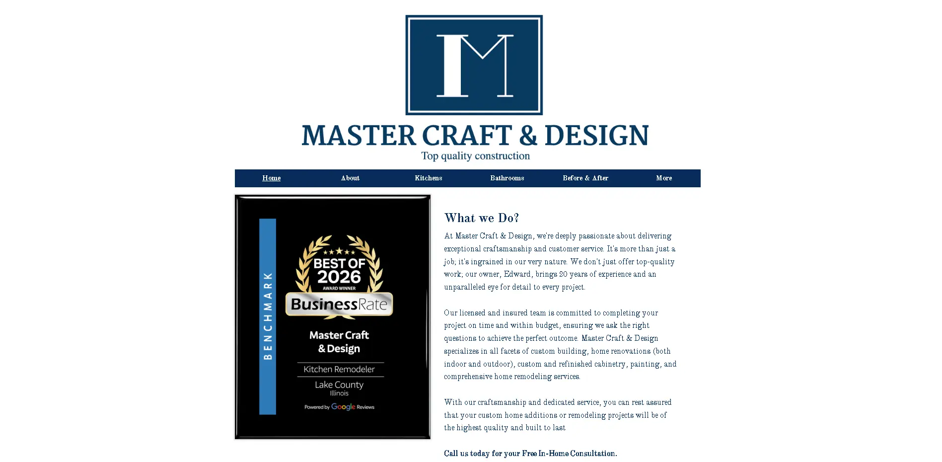 MasterCraft & Design desktop homepage before the Web Respawn redesign