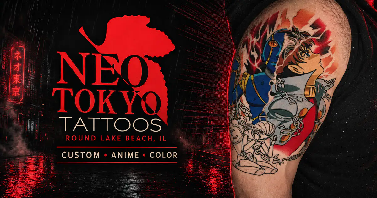 Neo Tokyo Tattoos red and black social sharing artwork with a colorful anime tattoo