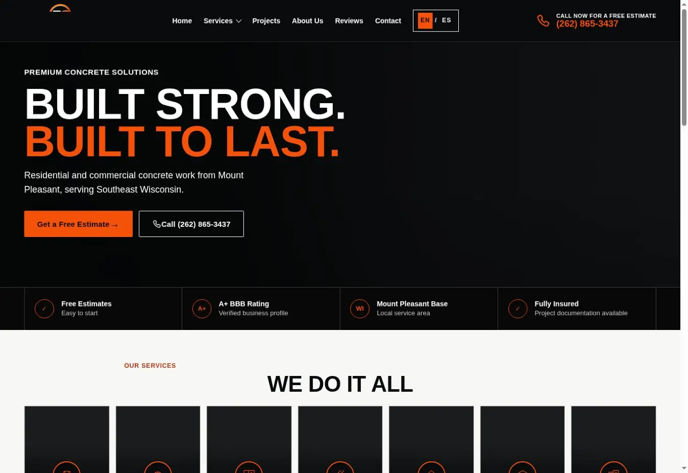 Página de escritorio del sitio de Palacios Concrete diseñado por Web Respawn