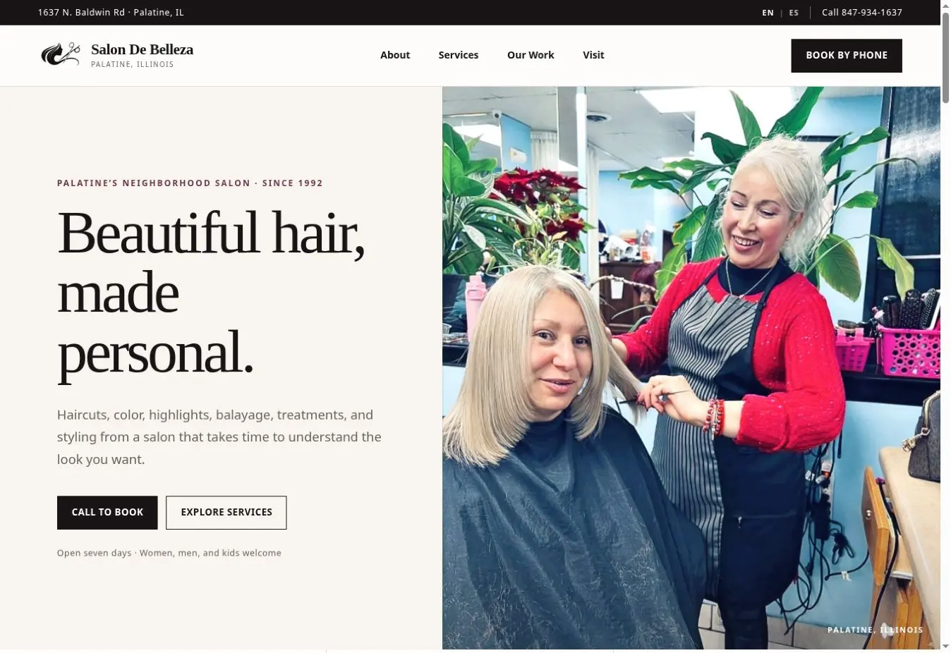 Finished Salon de Belleza homepage after the Web Respawn redesign