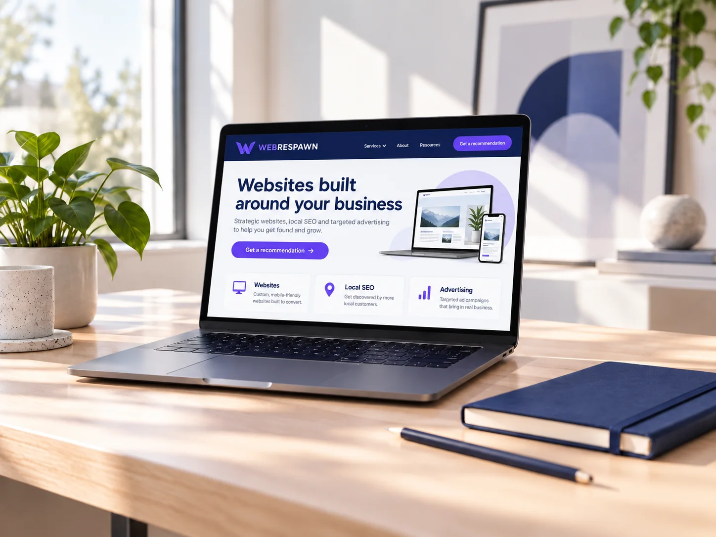 Illustrative Web Respawn website shown as a complete design on a laptop