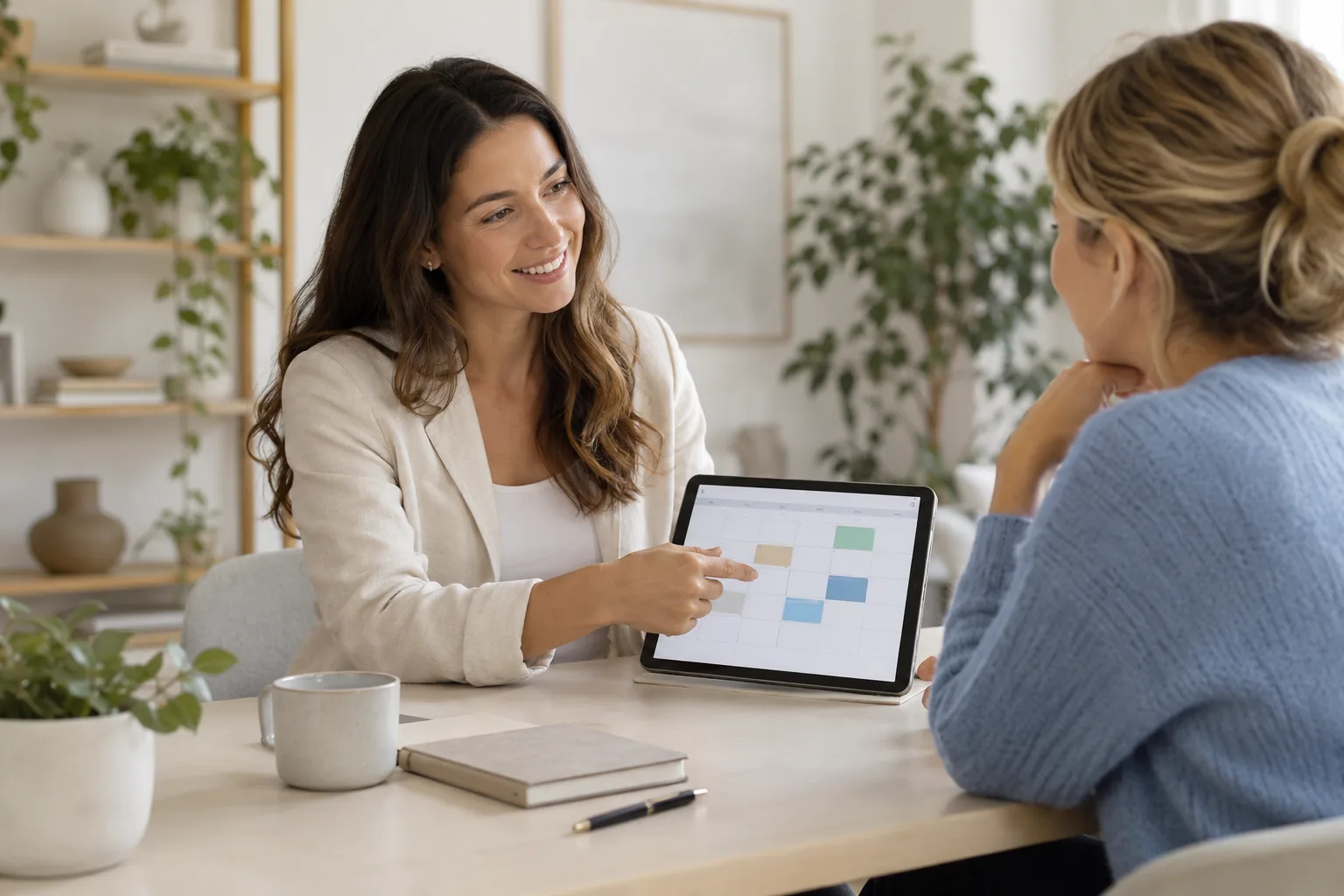 Appointment professional discussing an open calendar with a customer