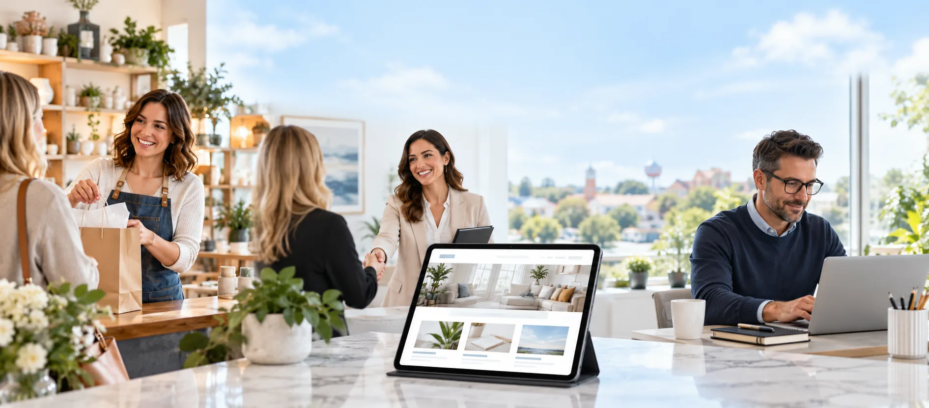 Retail, appointment and professional business scenes with a sample website on a tablet