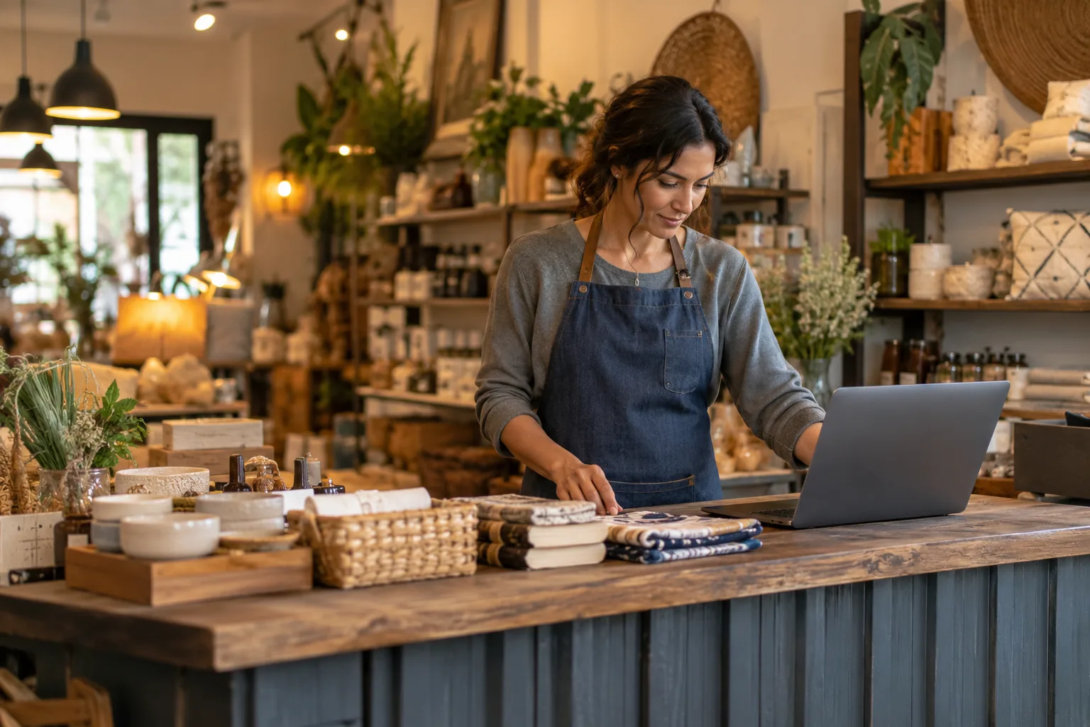Shop owner preparing merchandise and working at a laptop