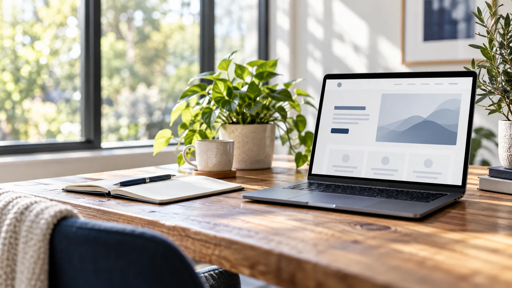 Illustrative workspace with a laptop showing a generic website layout