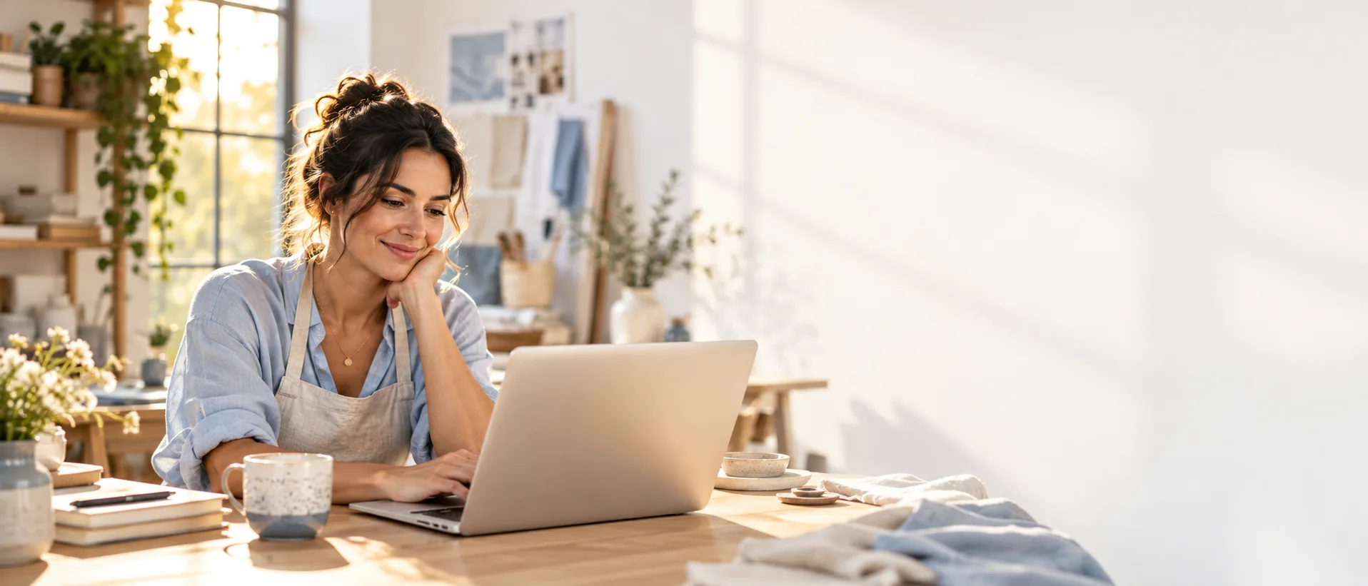 Small business owner working on a laptop in a bright studio