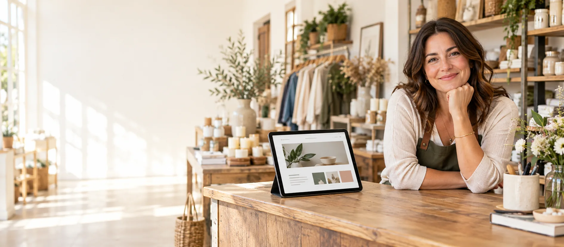 Independent shop owner beside a tablet showing a generic business website