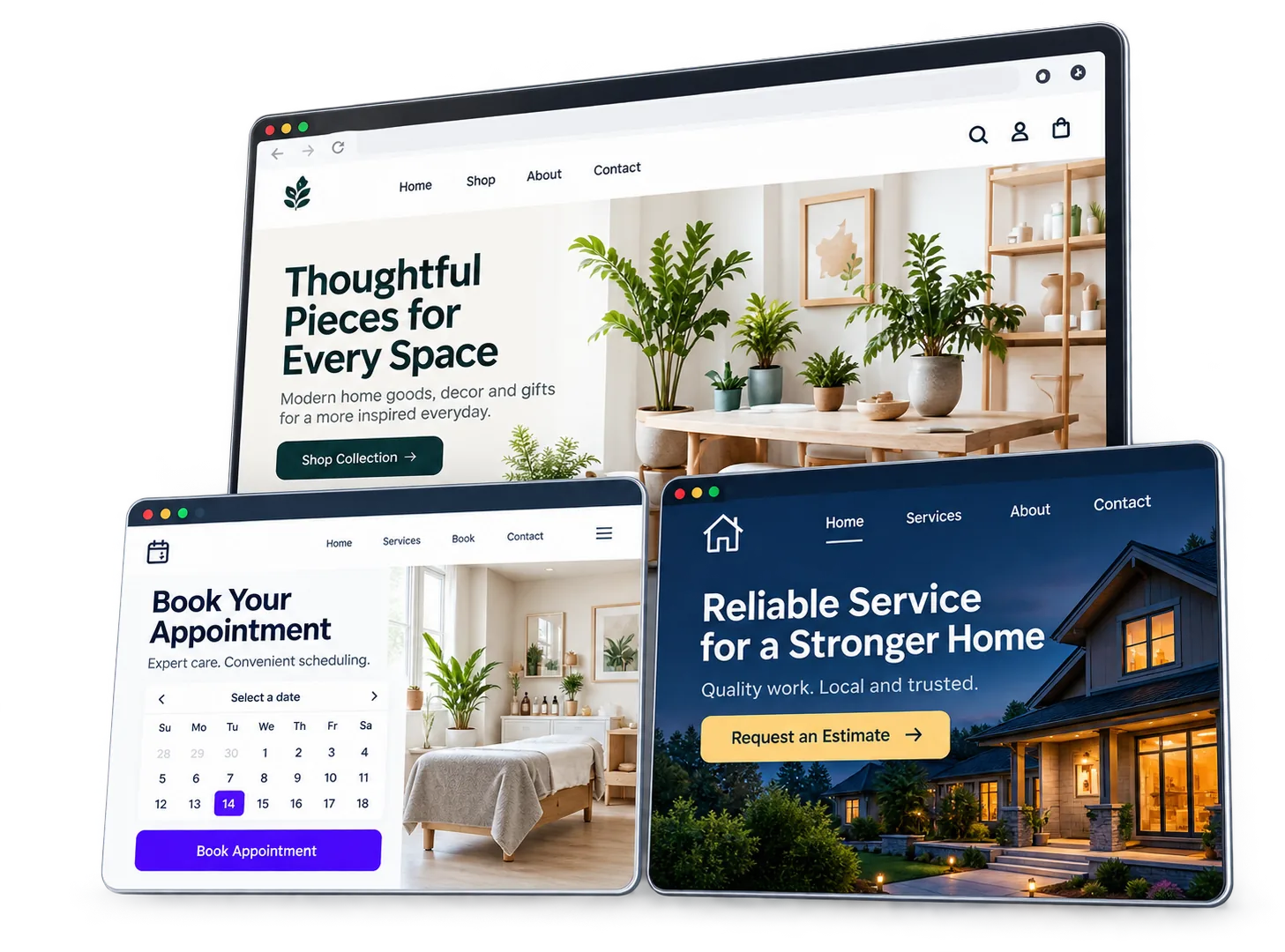 Three example website layouts for a shop, booking business, and service company
