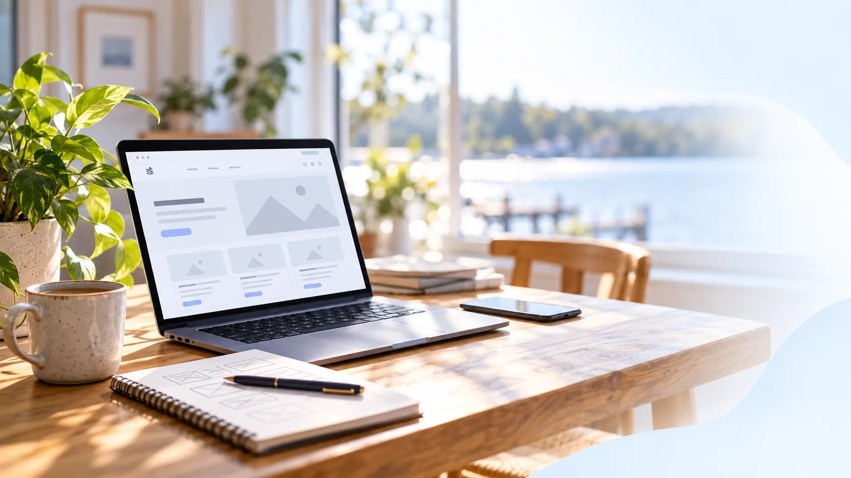 Website planning on a laptop at a work table
