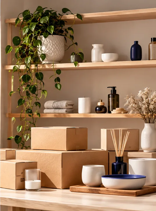 Products and shipping boxes arranged for an online shop