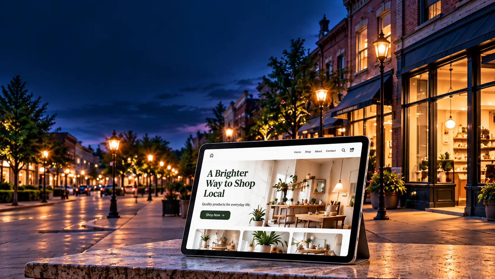 Generic shop website displayed on a tablet in a commercial street scene