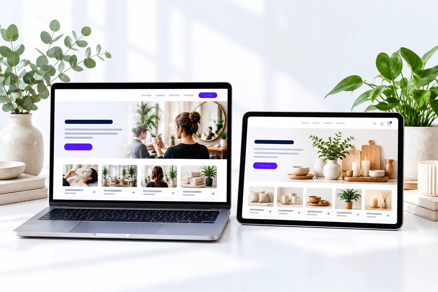 Laptop and tablet showing examples of appointment and shop website layouts