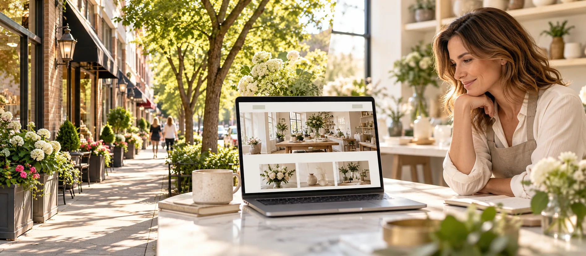 Editorial scene with a shopping street, small business website on a laptop, and business owner