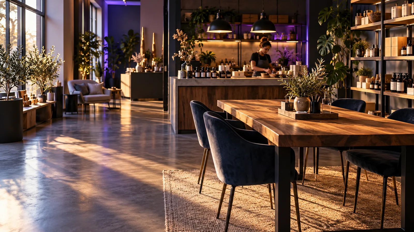 Independent business interior with owner working in the background