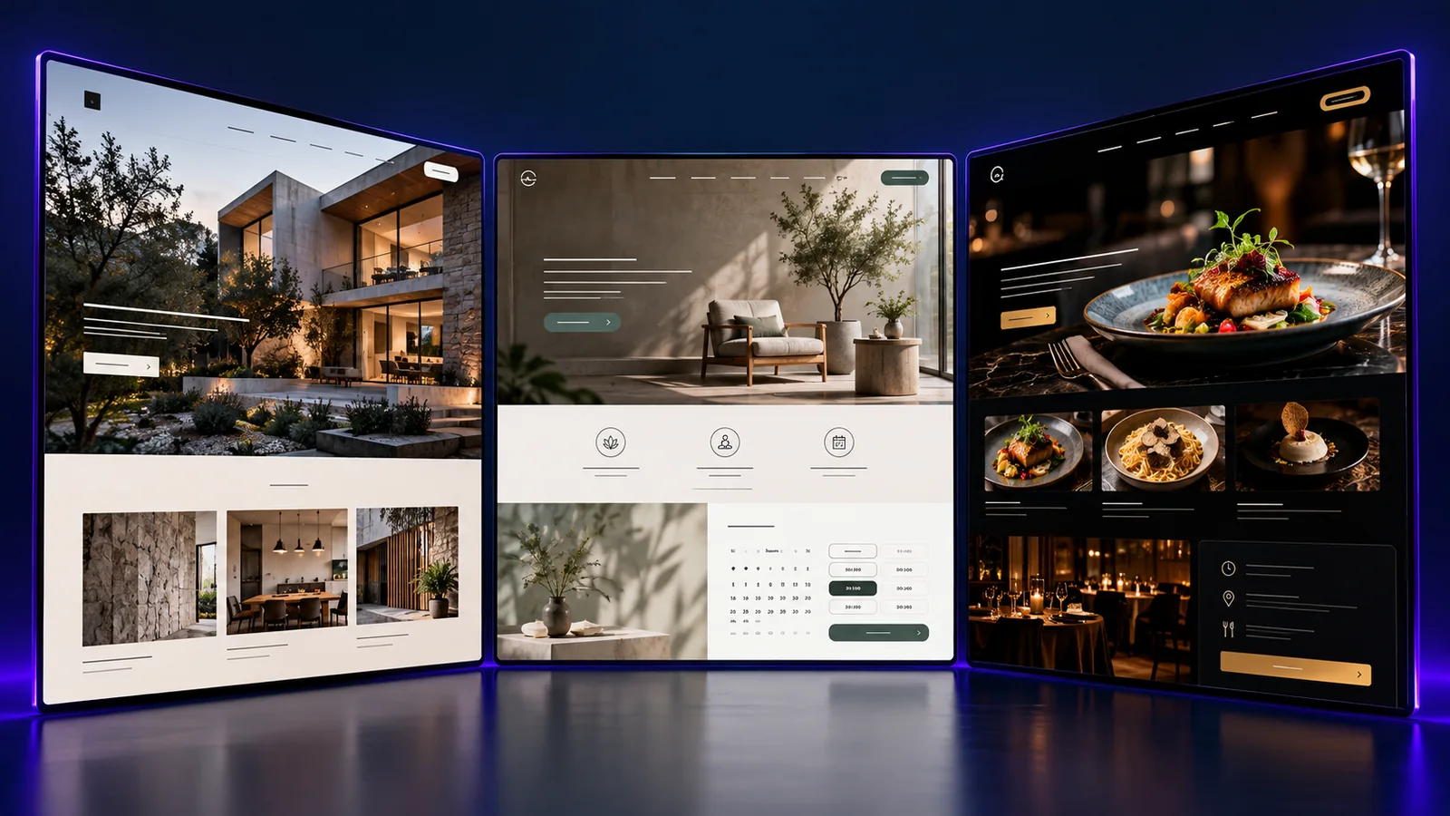 Three distinct example website layouts displayed on wide panels