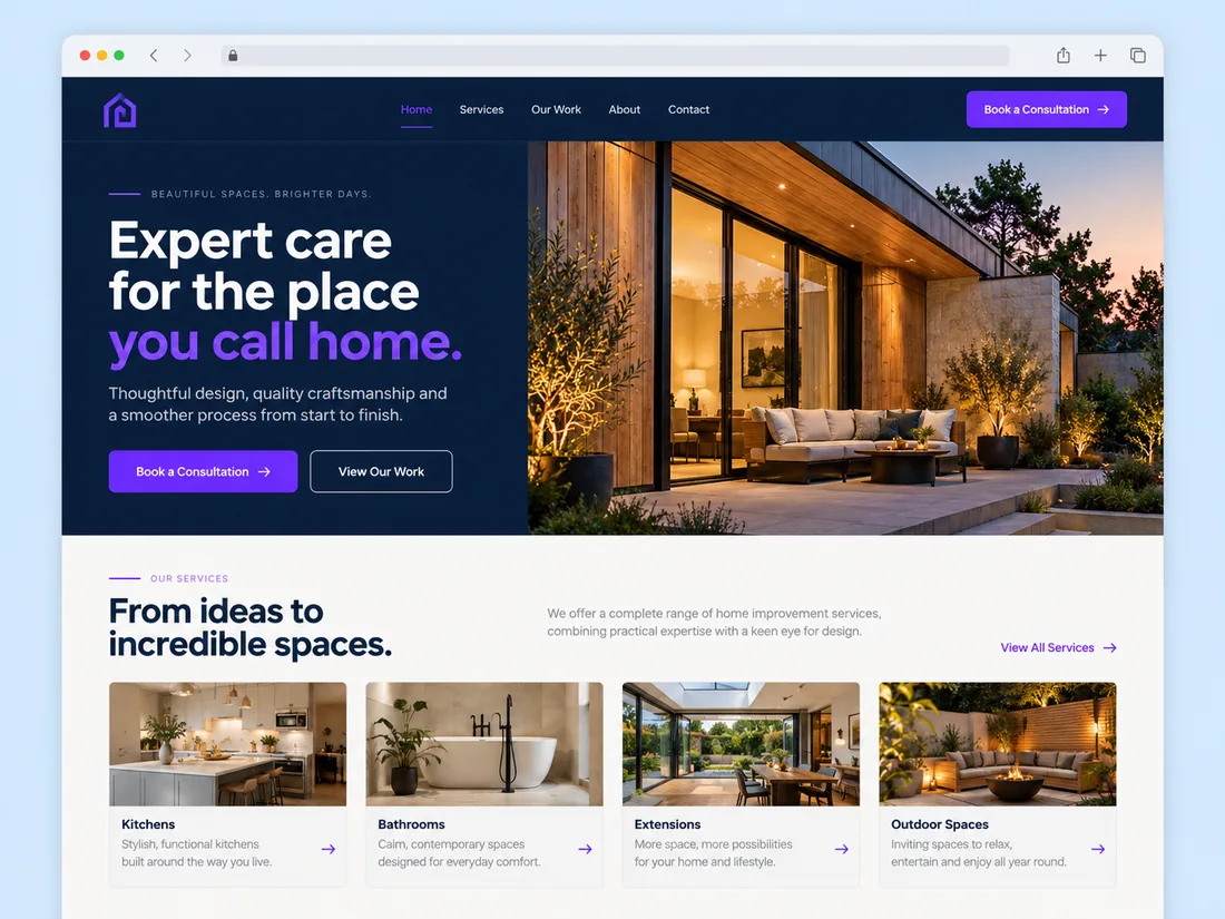 Example business website with a clear introduction, navigation, and service details