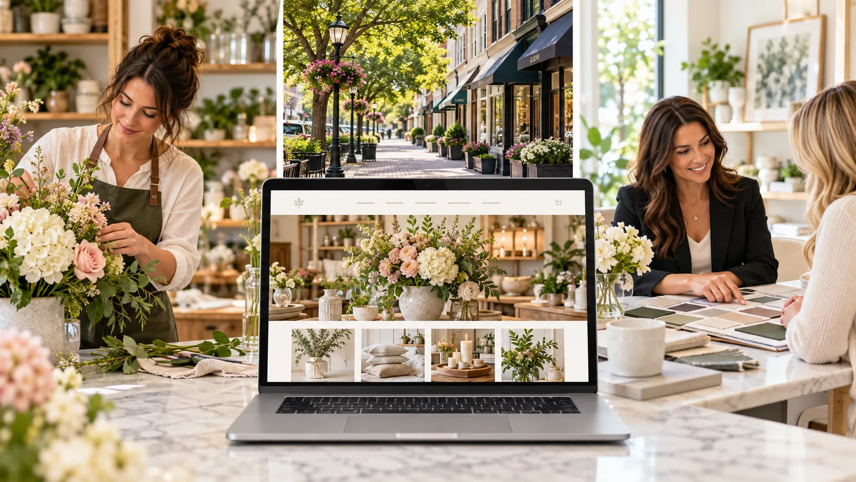 Collage of a local shop, a website on a laptop, and a professional consultation