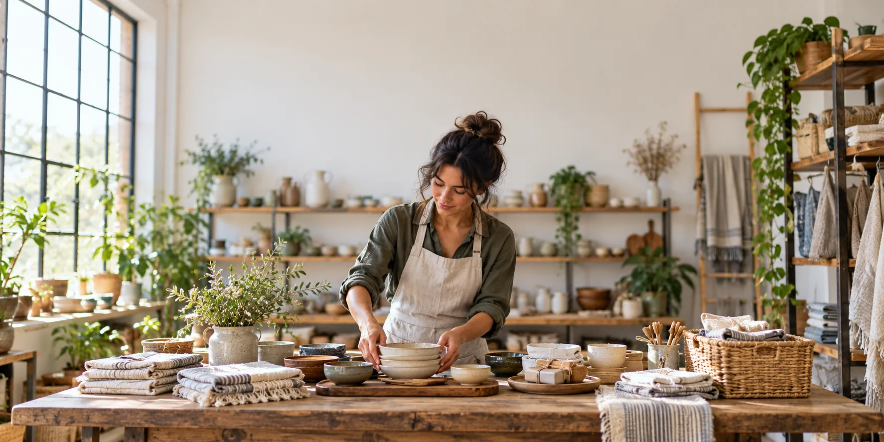 Illustrative small-business owner arranging goods in a studio; not a Web Respawn client or Lake Villa location