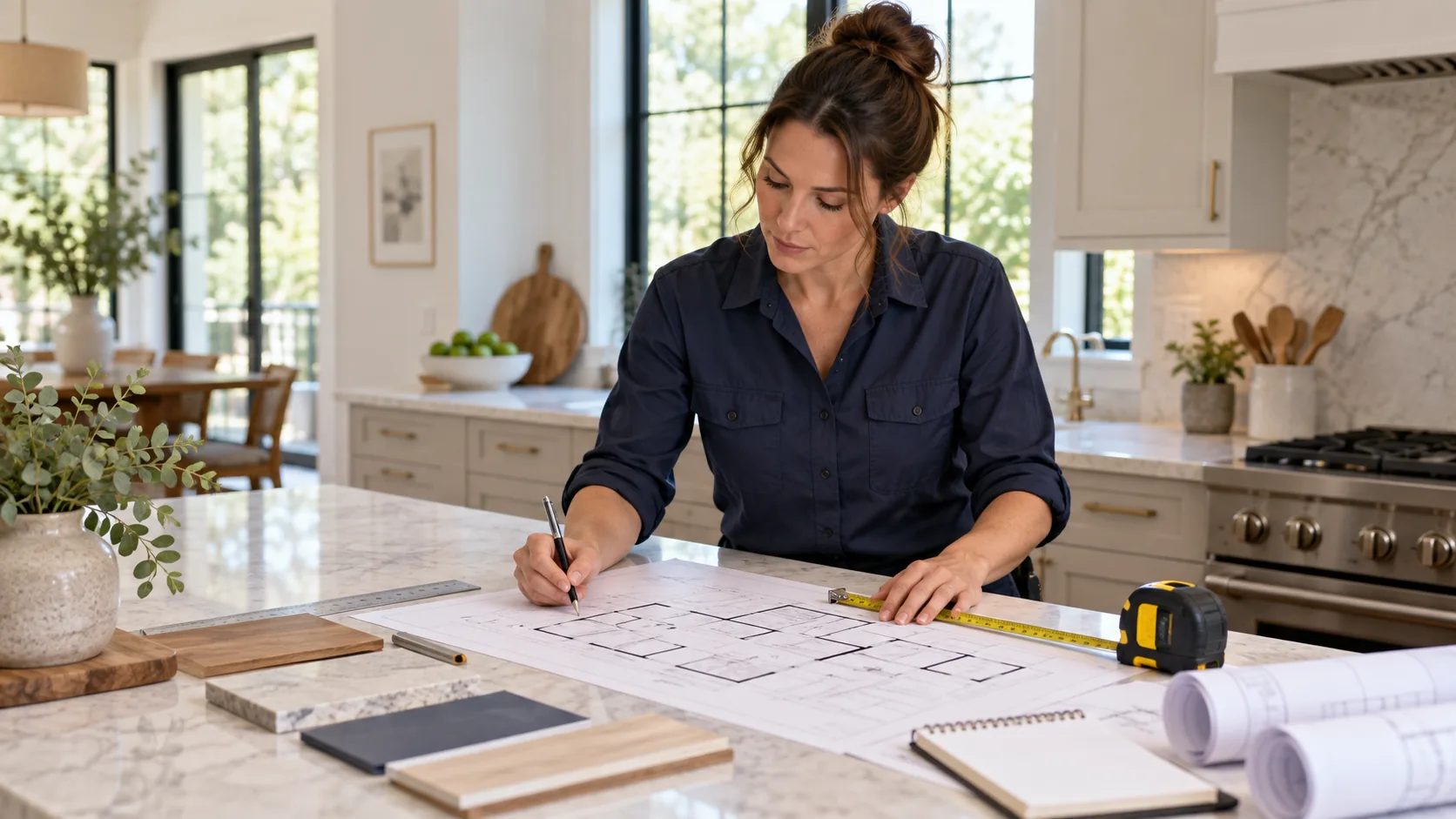 Illustrative professional reviewing project details at a worktable; not a client project