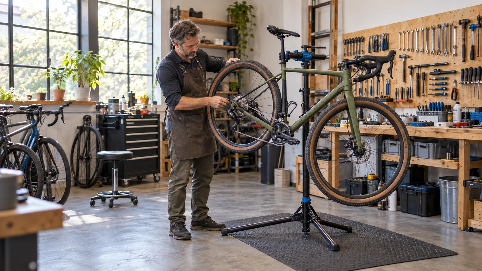 Illustrative bicycle repair technician at work; not a client project