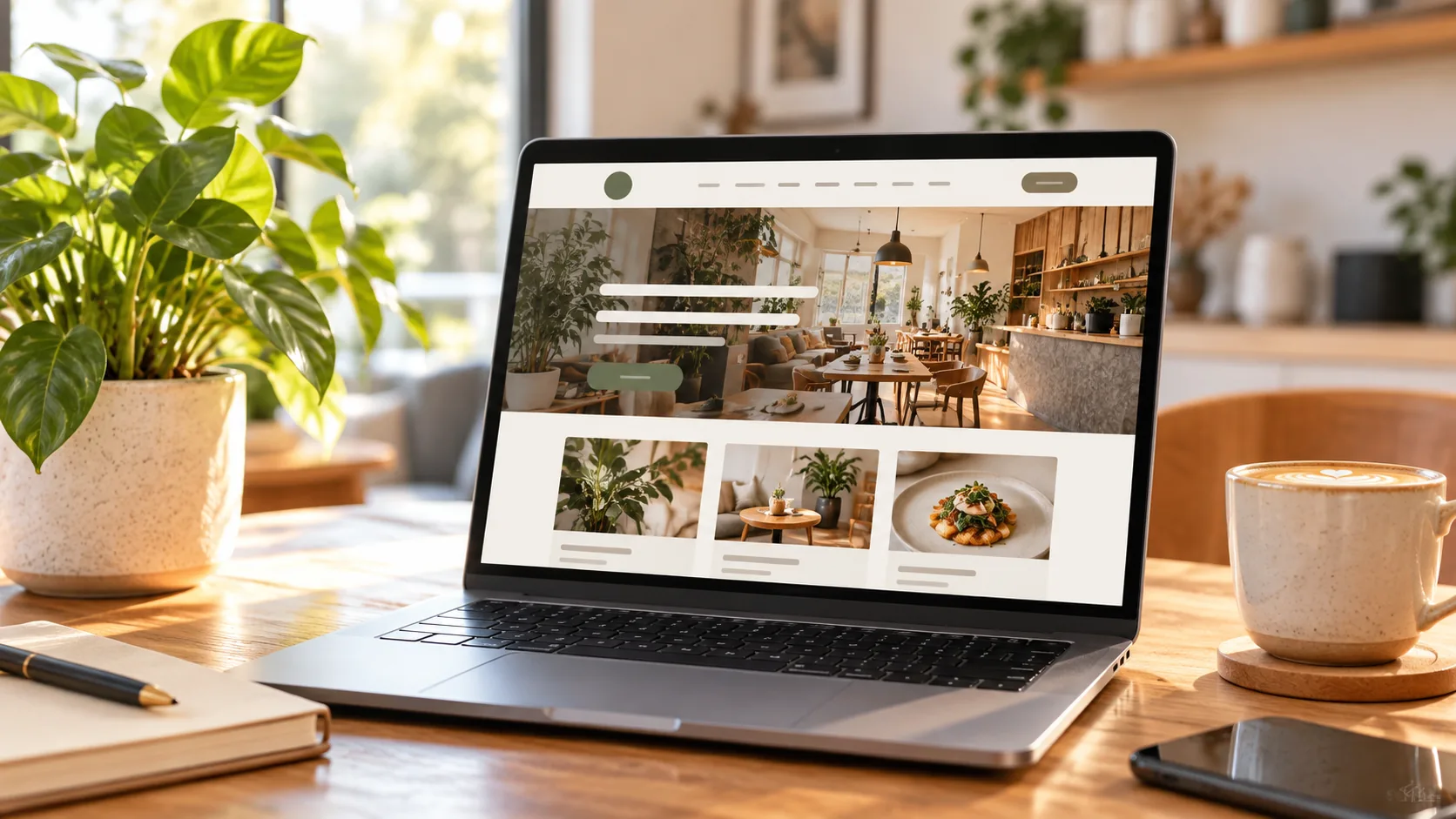Laptop showing a sample local business website on a bright work desk
