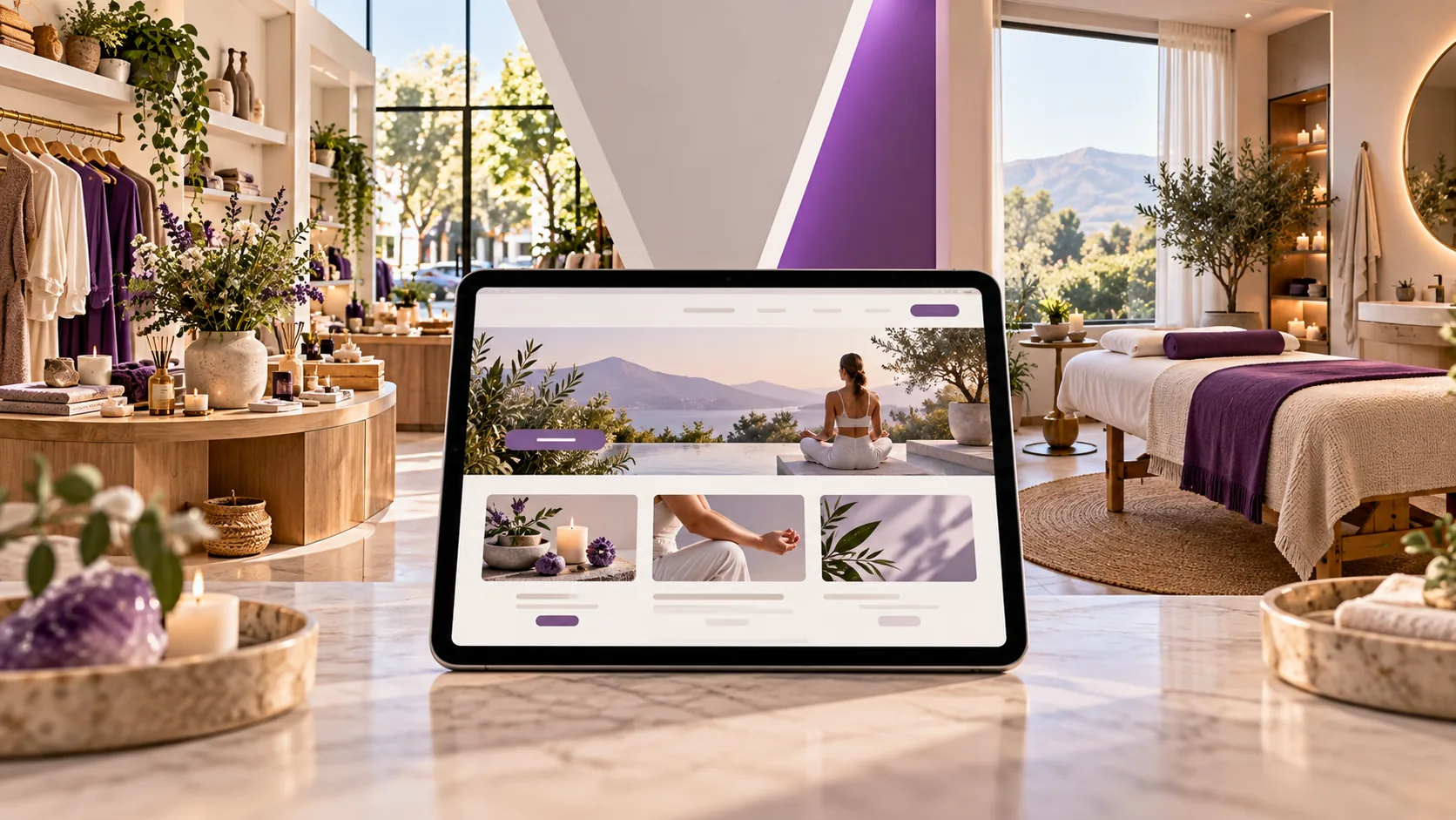Tablet showing a sample website between a boutique and an appointment studio