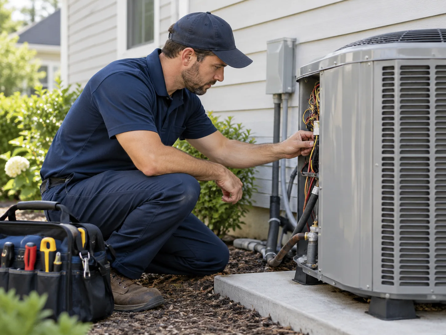 Service technician inspecting outdoor equipment