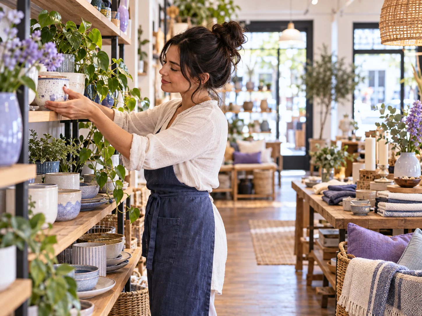 Shop owner arranging products in an independent home goods store