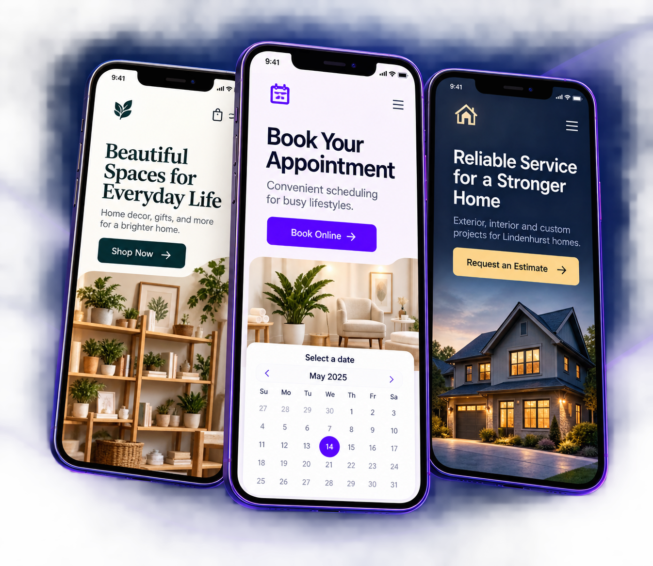 Example website layouts for a shop, appointment business, and home service company