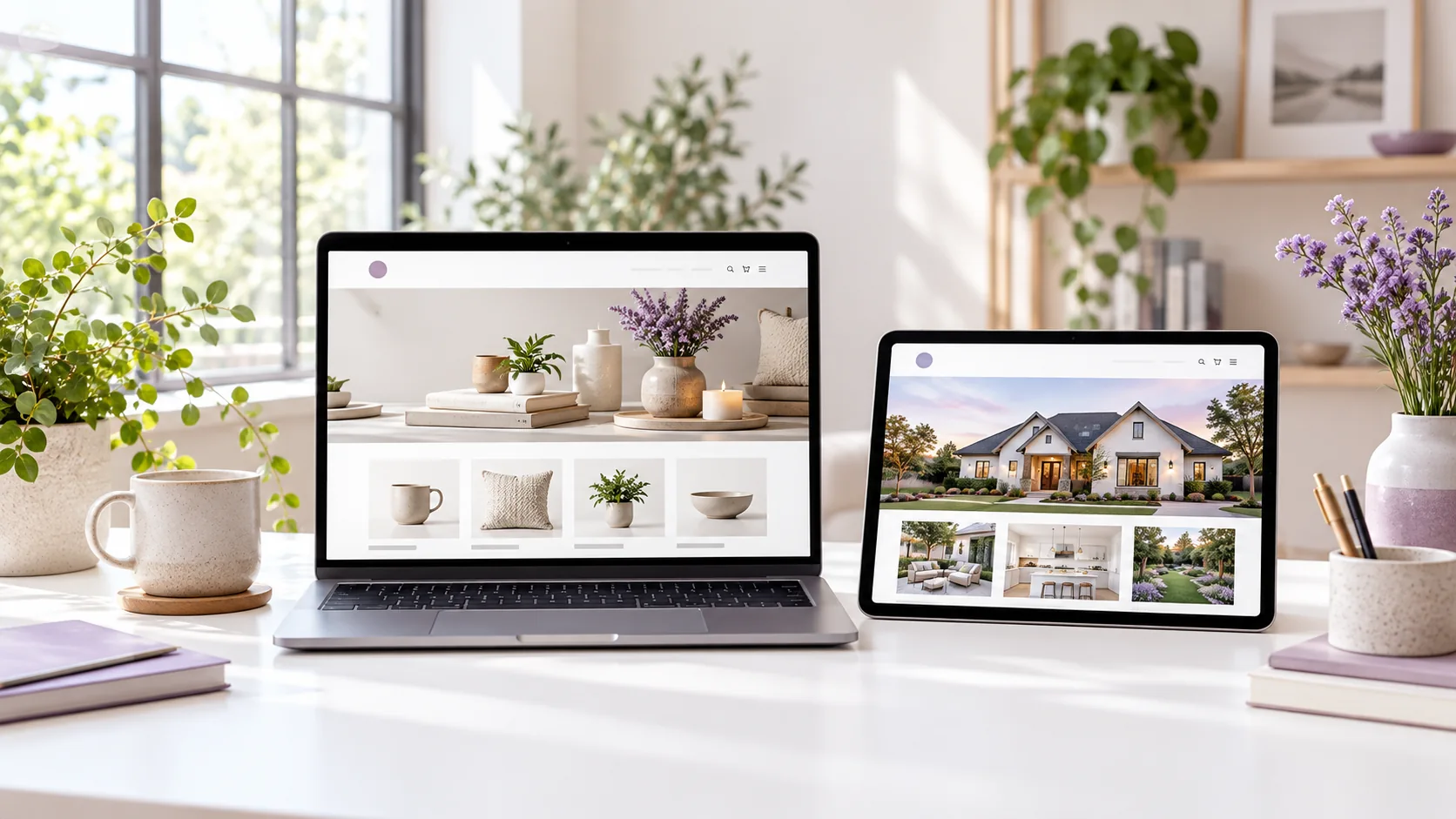 Laptop and landscape tablet displaying different generic business website layouts