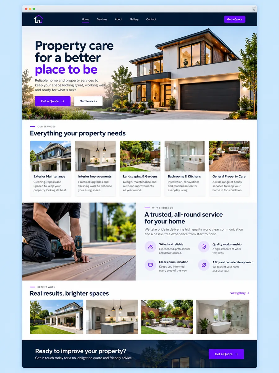 Example business website showing an introduction, services, useful details, and a next step