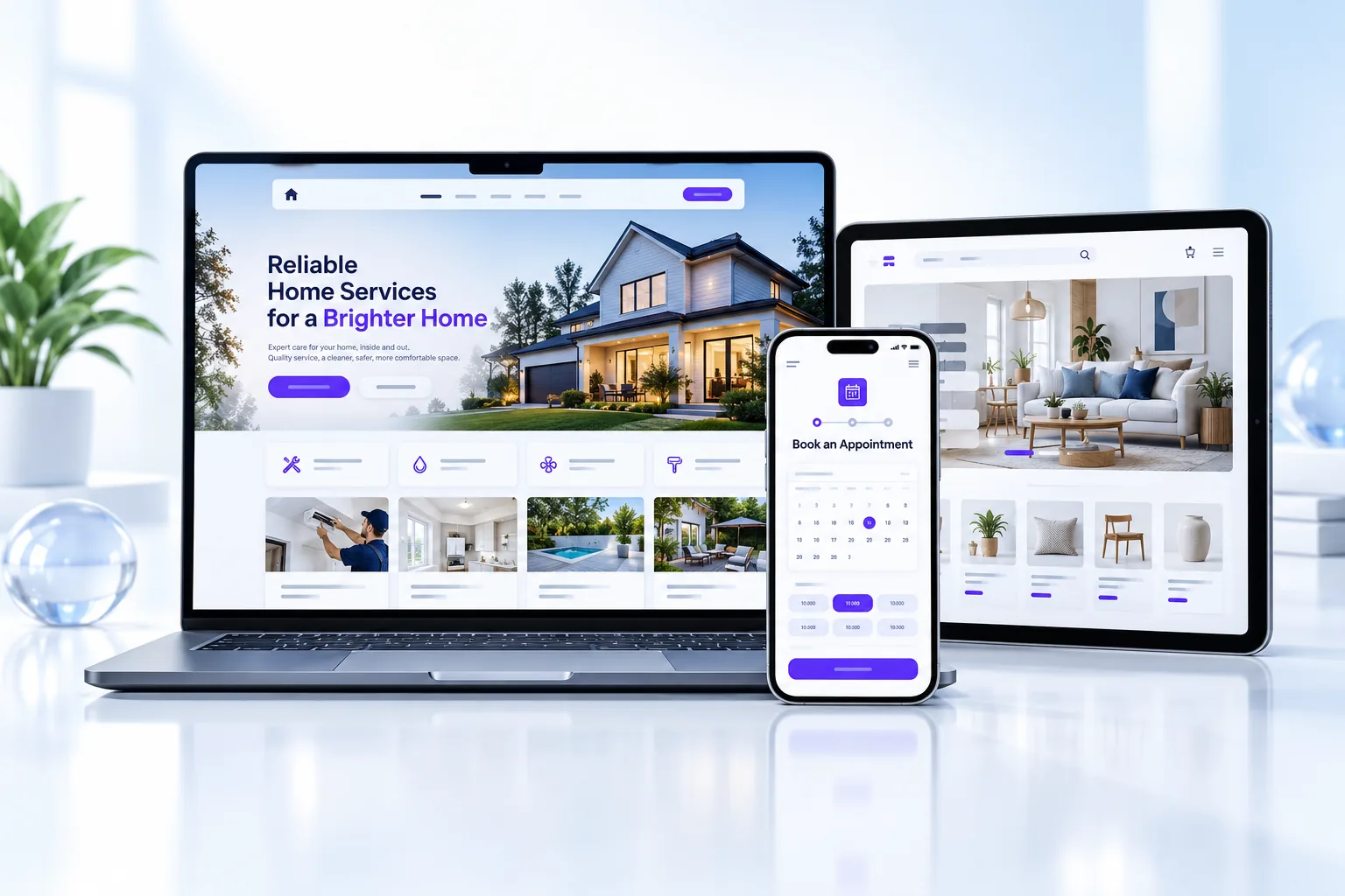 Example website layouts on a laptop, tablet, and one phone