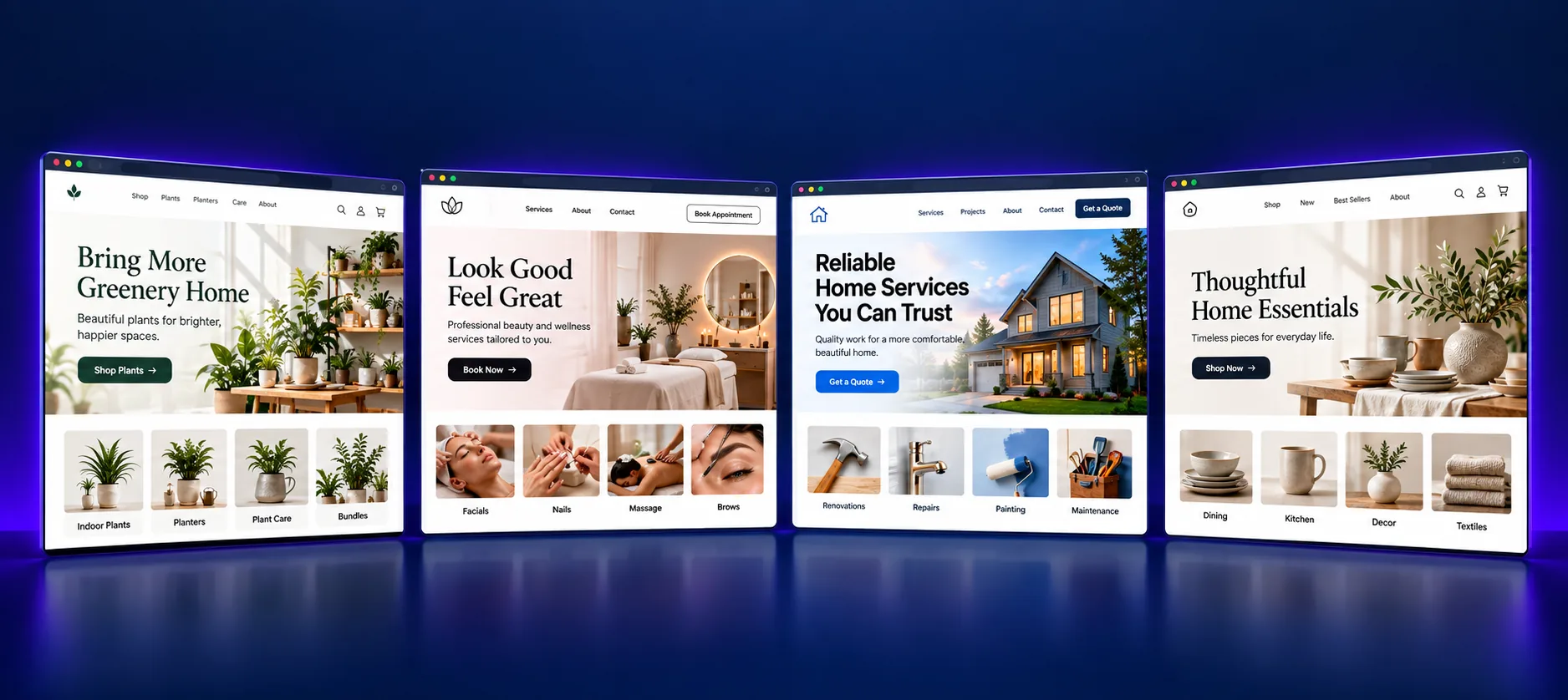 Four example website layouts for a shop, appointment business, service company, and online store