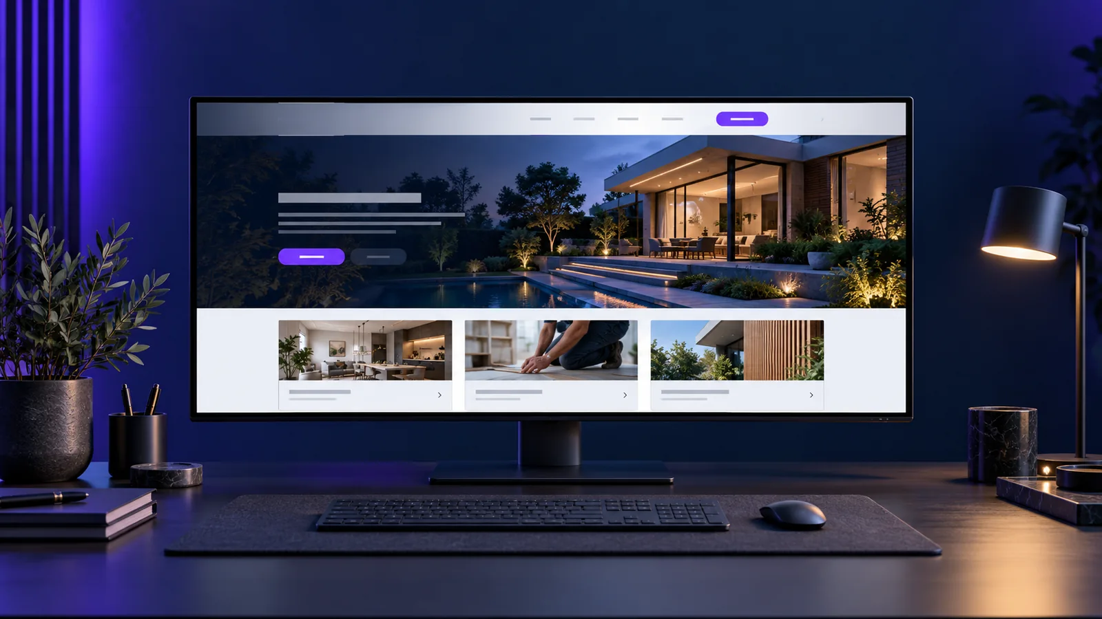 Wide desktop monitor displaying an example business website