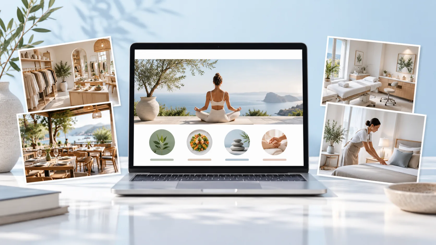 Laptop displaying a sample wellness website surrounded by images of different types of businesses