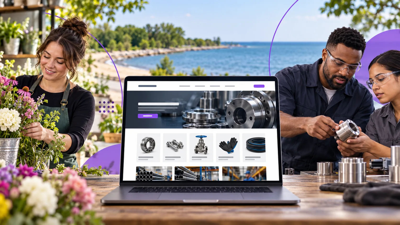 Sample industrial website on a laptop between a florist and workshop team