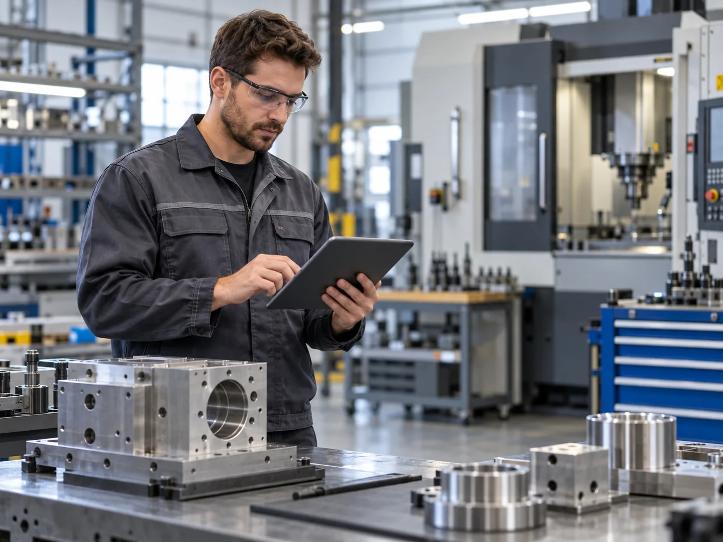 Industrial professional reviewing specifications on a tablet