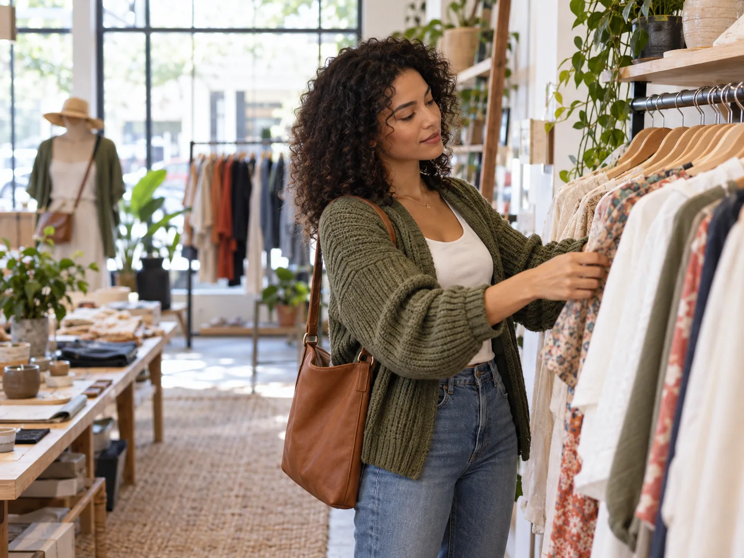 Customer browsing clothing in an independent shop
