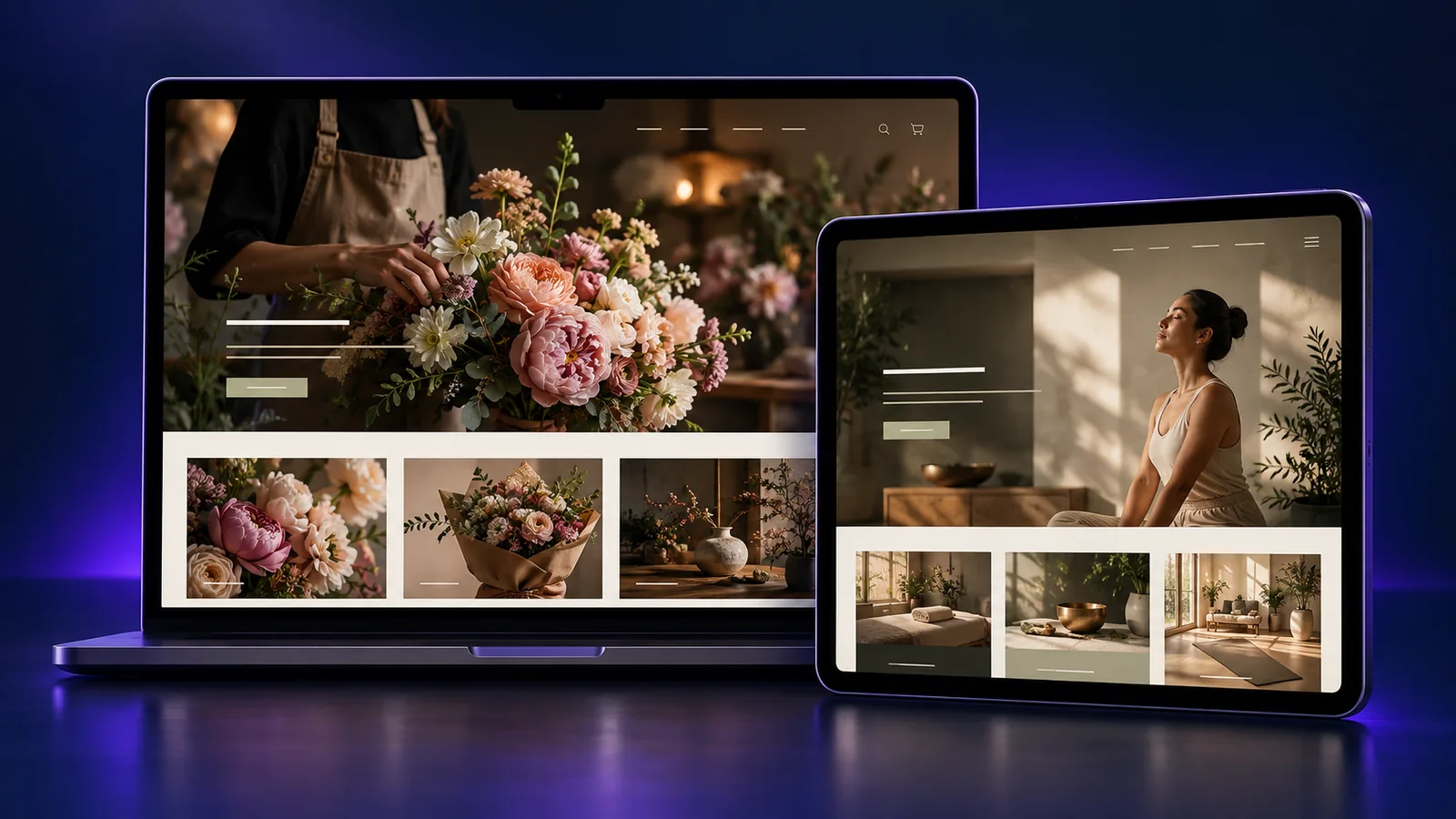 Laptop and tablet displaying example storefront and appointment website layouts